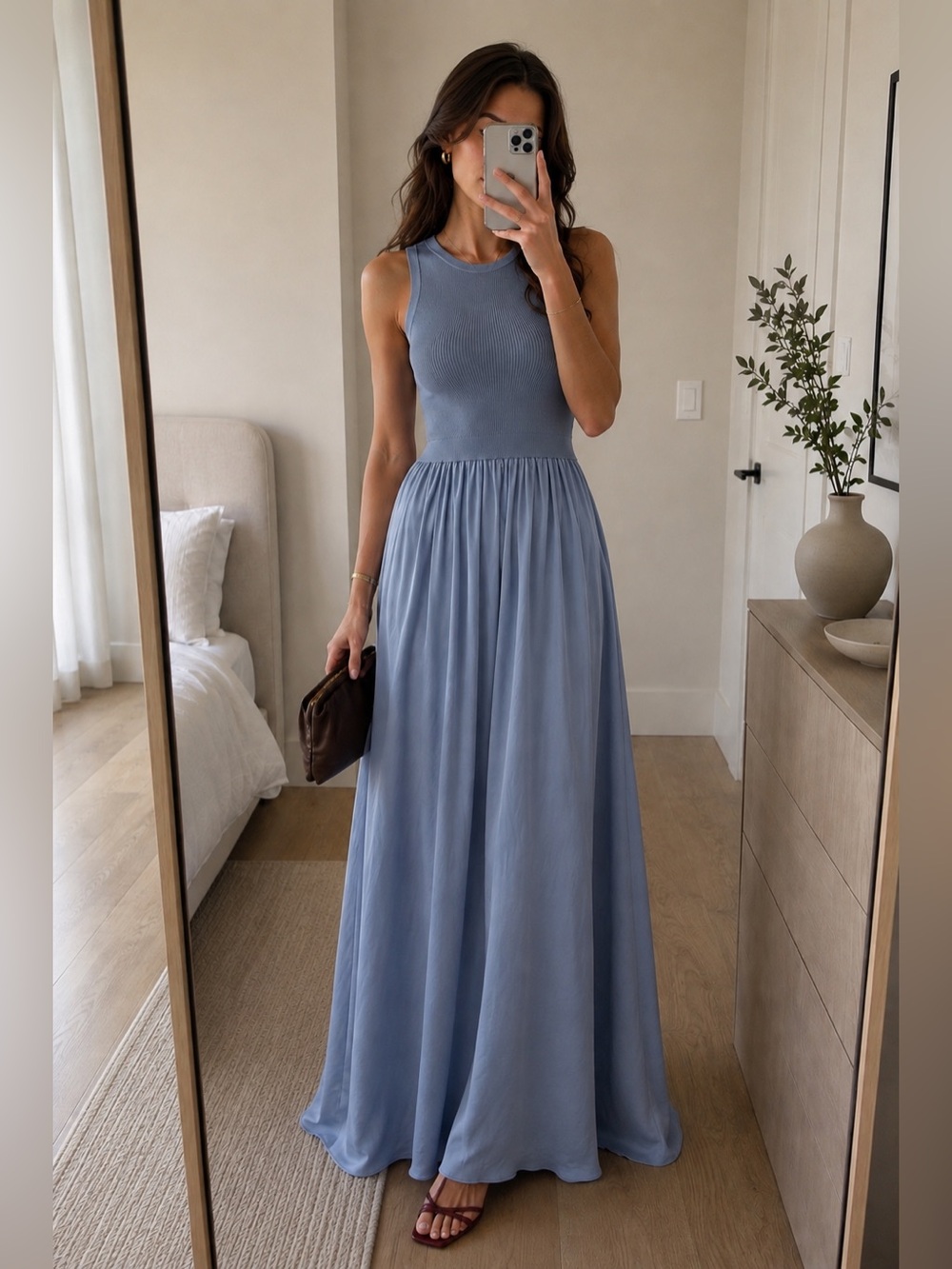 Taylor Blue Ribbed Knit Bodice Satin Maxi Dress Sleeveless Mixed Media XS